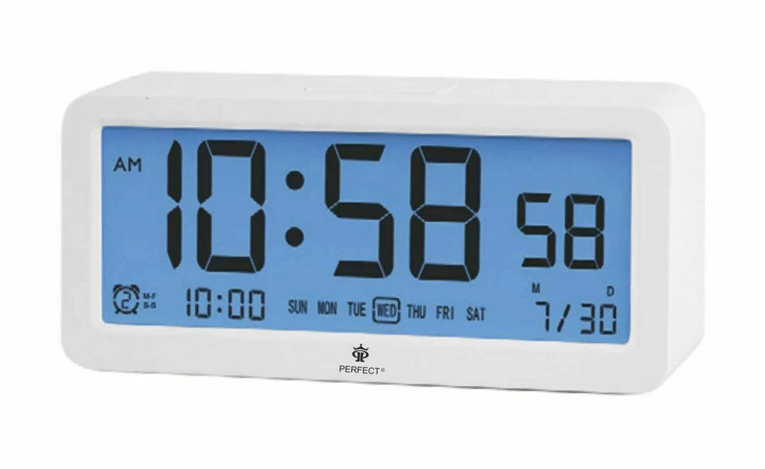 Budzik Elektroniczny Biały Drzemka 15x7x4cm Sieciowy Data Perfect Podświetlenie