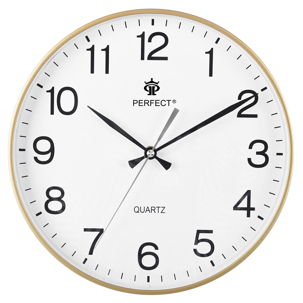 Zegar Ścienny Złoty / Biały 30cm Mechanizm Cichy Płynący Okrągły Perfect Arabskie Cyfry
