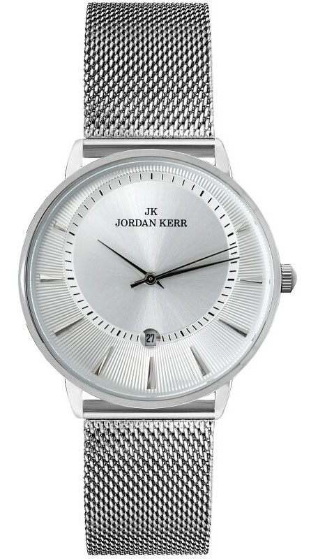 Zegarek unisex Jordan Kerr na srebrnej bransolecie siatkowej — koperta srebrna, tarcza srebrna