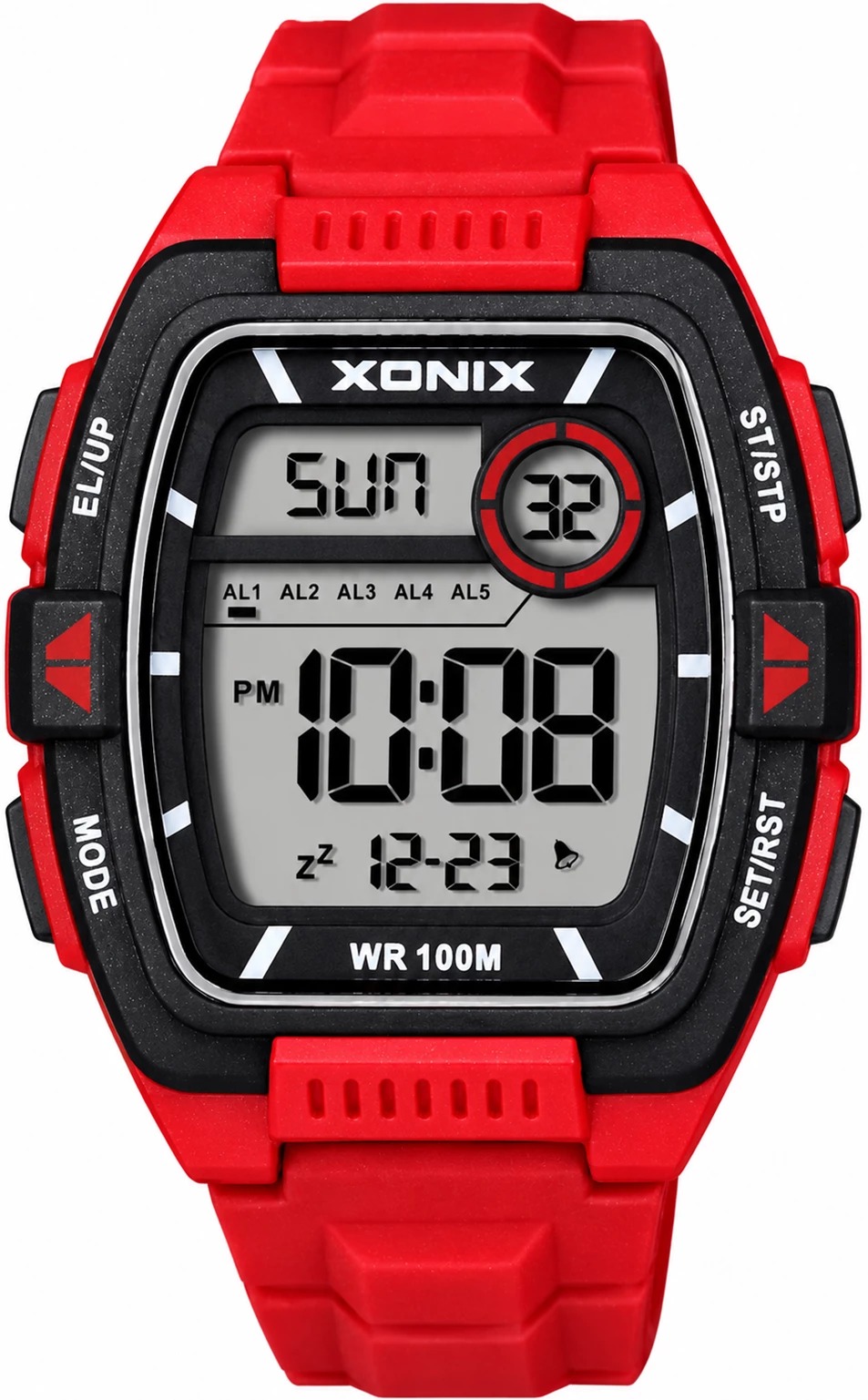 Zegarek unisex Xonix cyfrowy na czerwonym pasku — koperta czarna, tarcza szara