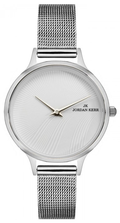 Zegarek damski Jordan Kerr na srebrnej bransolecie siatkowej — koperta srebrna, tarcza biała