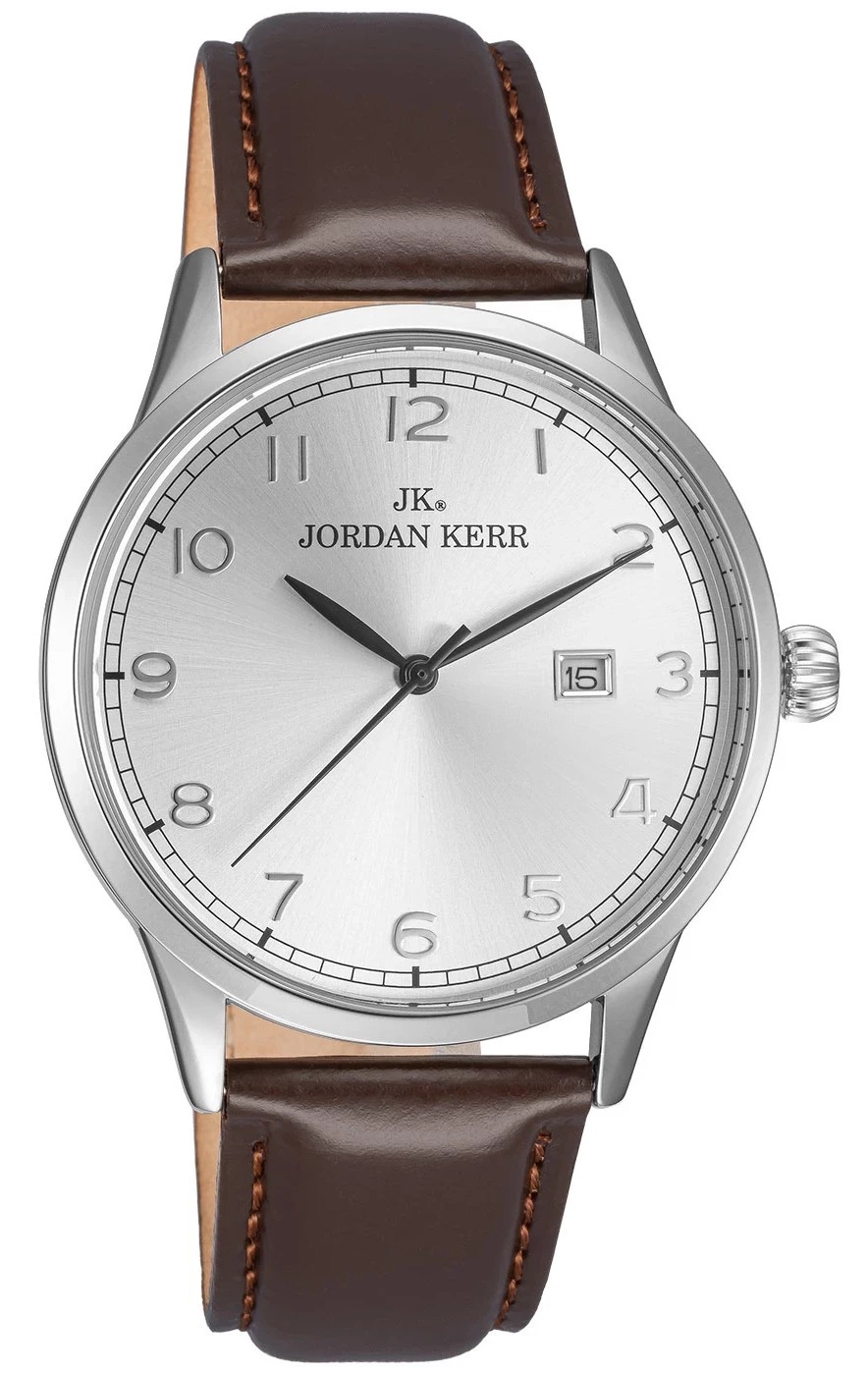 Zegarek unisex Jordan Kerr na brązowym pasku — koperta srebrna, tarcza srebrna